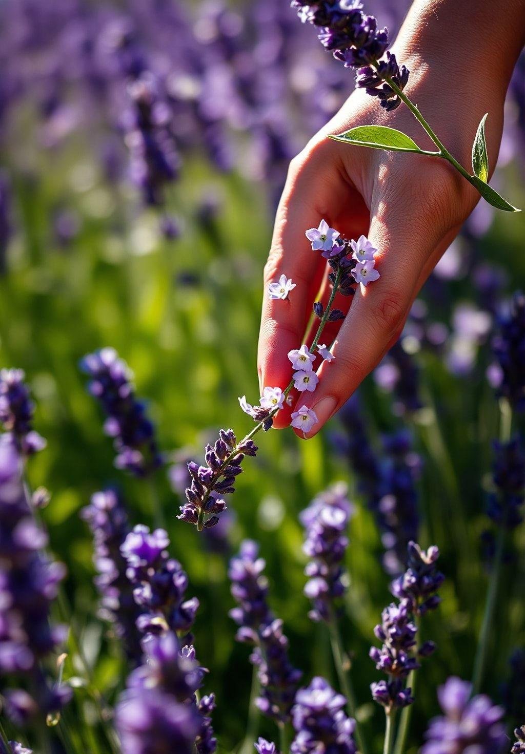 A bright, close-up photorealistic image of a hand gently harvesting lavender flowers. The focus is on the delicate lavender blossoms and the careful handling to avoid damaging the plant.  The background is blurred, drawing attention to the process of harvesting.