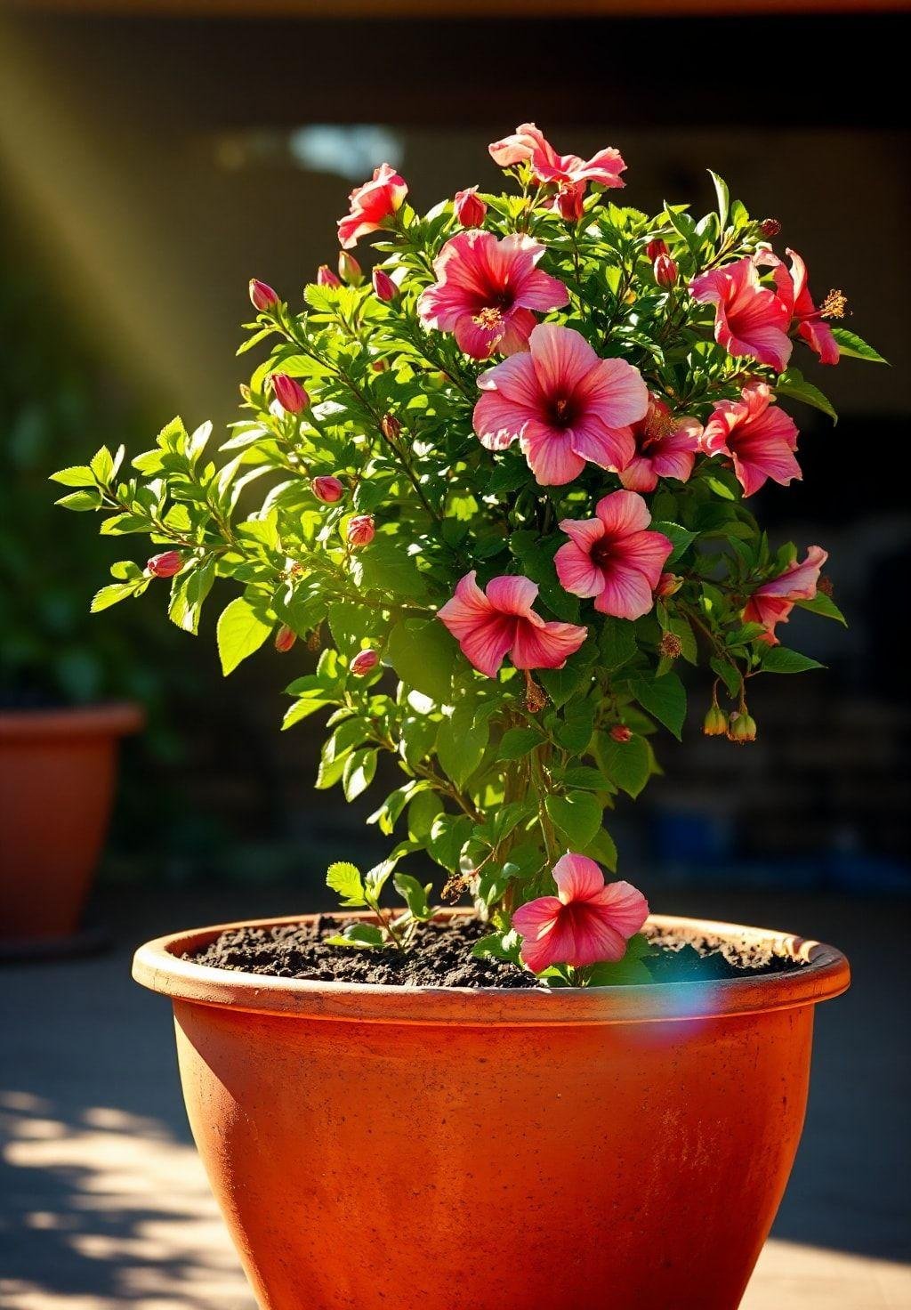 A vibrant, sunlit scene showcasing a hibiscus plant thriving in a large, terracotta pot. The soil is visibly rich and dark, and the plant exhibits abundant, healthy foliage.  The hibiscus plant displays numerous buds and several fully bloomed flowers in various shades of pink and red.  The background is softly blurred, focusing attention on the healthy hibiscus plant in the foreground.