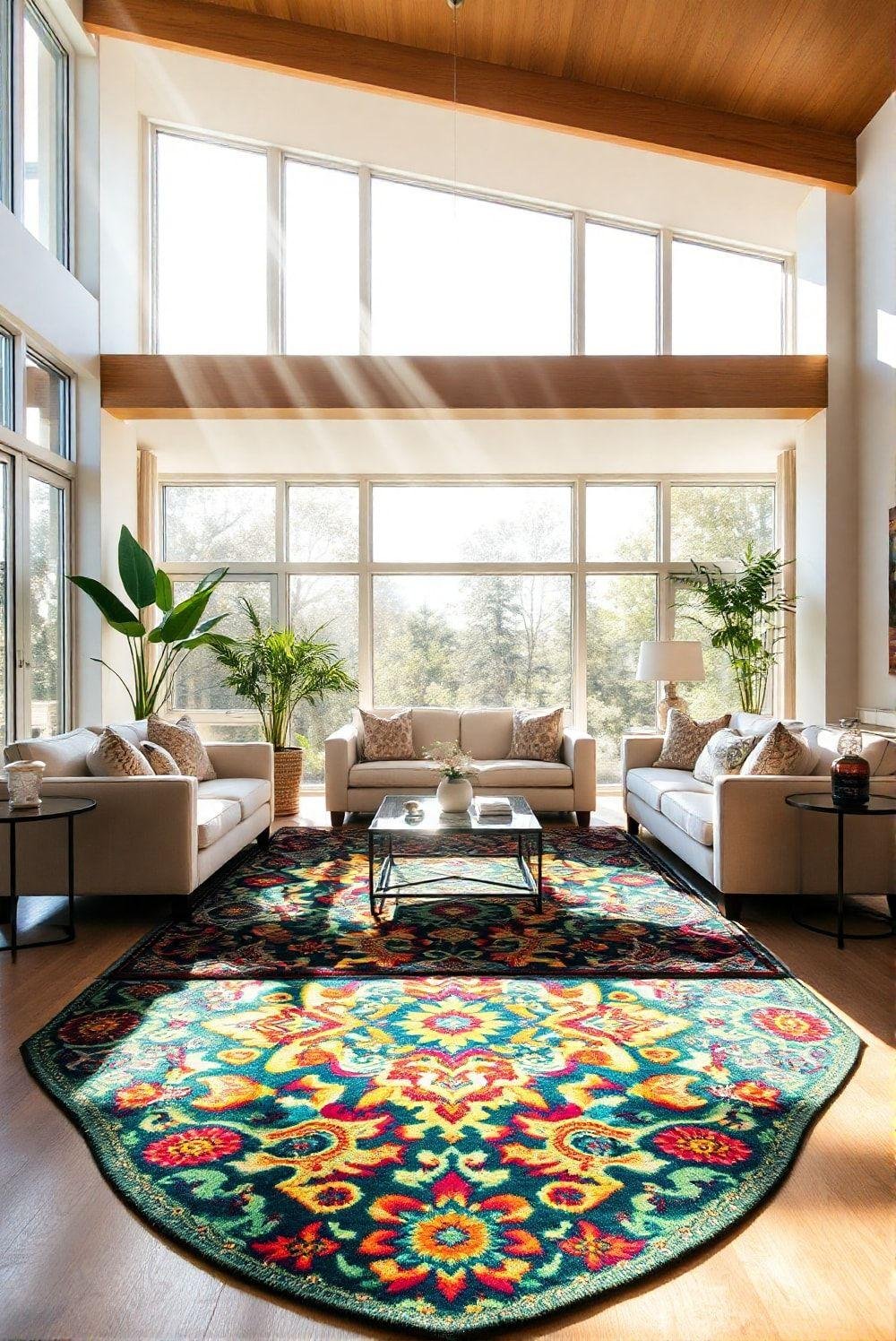 A bright and airy living room features a vibrant patterned rug as a focal point, adding warmth and personality to the space. The rug is surrounded by neutral-toned furniture, creating a balanced and harmonious aesthetic.  Natural light streams in from large windows, illuminating the room and highlighting the rug's intricate details and rich colors. The overall scene is clean, modern, and inviting.