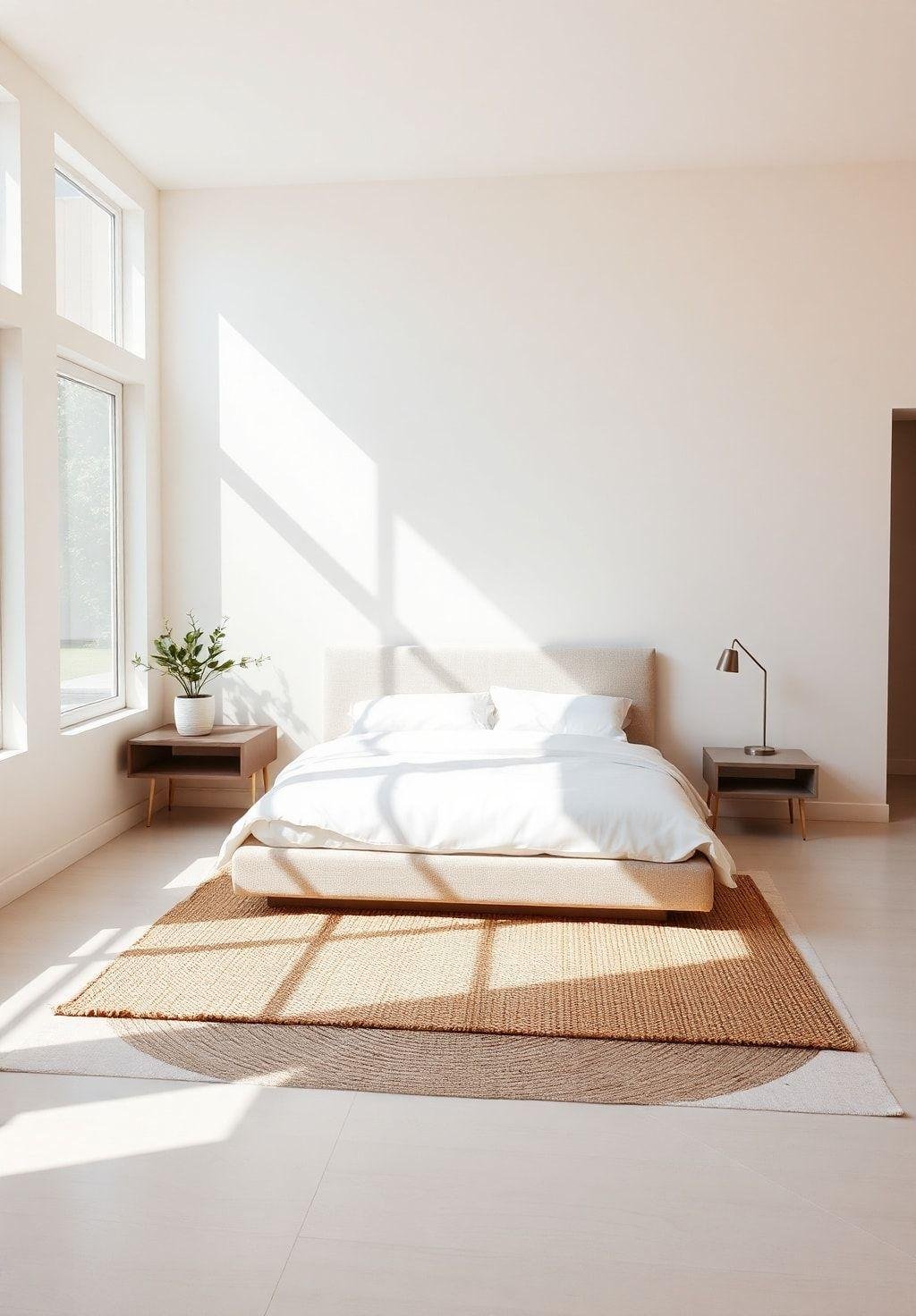 Bright, photorealistic image showcasing a master bedroom with a calming, minimalist aesthetic.  The walls are painted a soft, creamy white.  A low platform bed with a linen headboard features crisp, white bedding.  A simple, woven jute rug is placed beneath the bed.  A single, potted plant sits on a floating nightstand, adding a touch of greenery.  The overall feel is clean, uncluttered, and peaceful.  Natural light streams through large windows.
