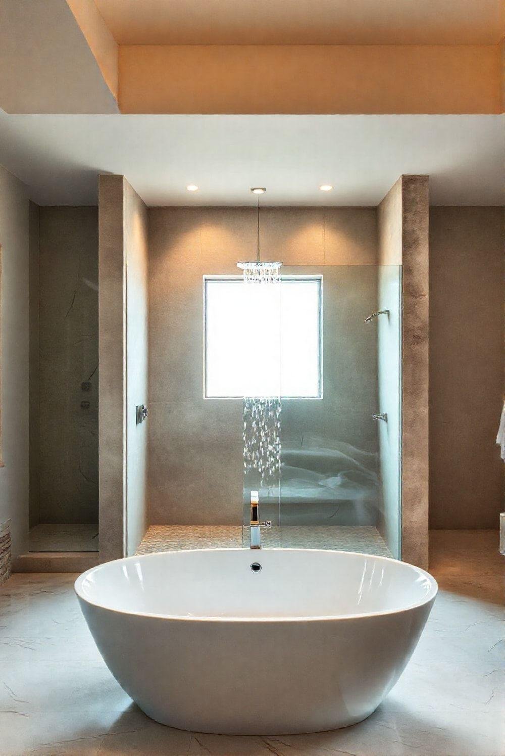 A spa-like bathroom with a freestanding soaking tub, large walk-in shower, and natural stone accents. No text.