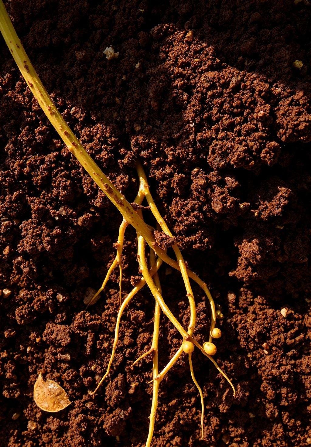 Close-up, brightly lit photo depicting the rich, dark, and moist soil surrounding the roots of a healthy hibiscus plant.  The soil appears loose and well-aerated, with visible organic matter incorporated.  The roots are healthy and robust, extending outwards into the soil. The image emphasizes the soil's texture and color.