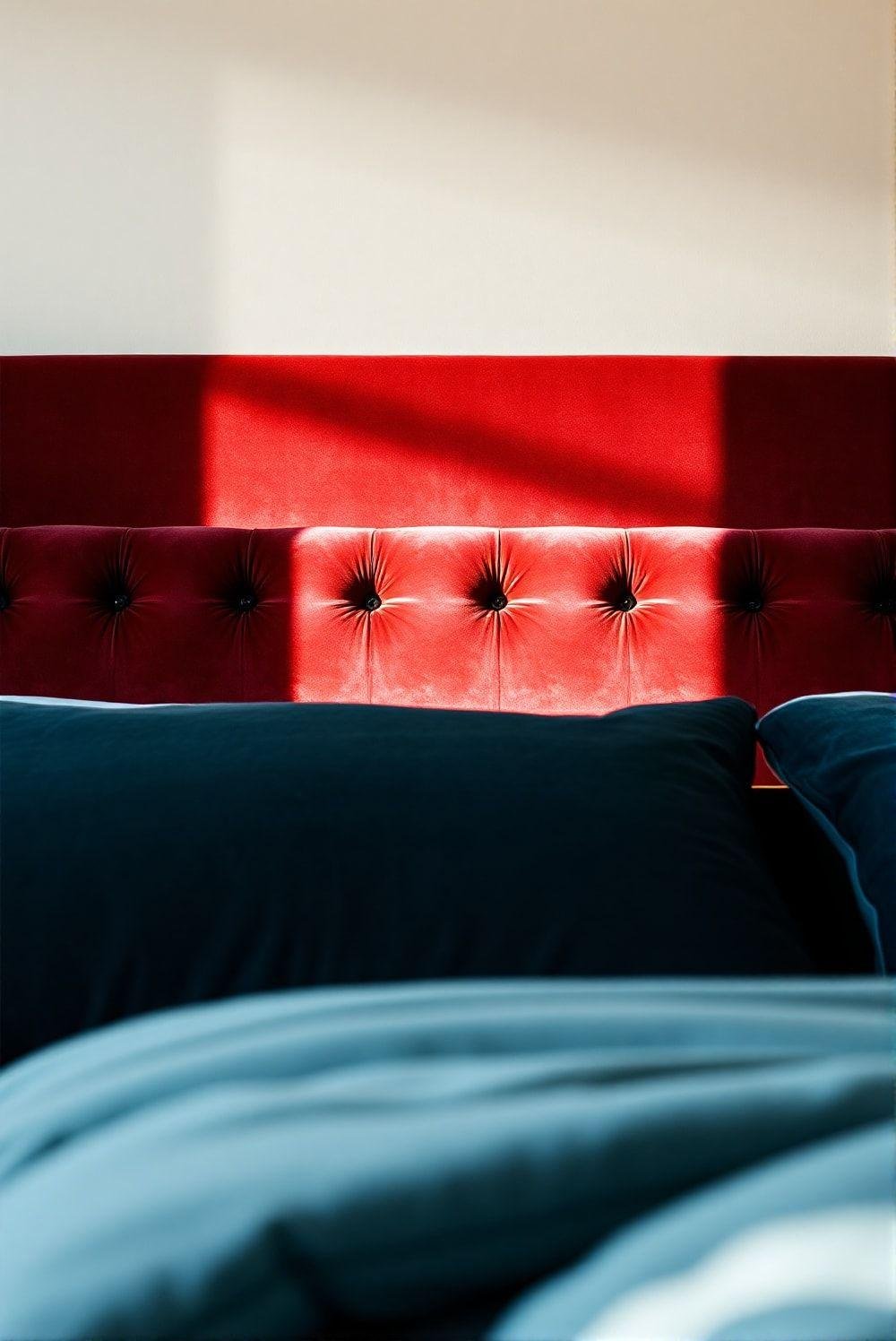 Close-up view of a bedroom featuring a plush velvet headboard in a rich jewel tone, adding a touch of luxury and sophistication. The headboard is set against a neutral-colored wall, allowing its color and texture to stand out. Soft, natural light illuminates the room, enhancing the headboard's luxurious feel and texture. The overall aesthetic is elegant, modern, and inviting.