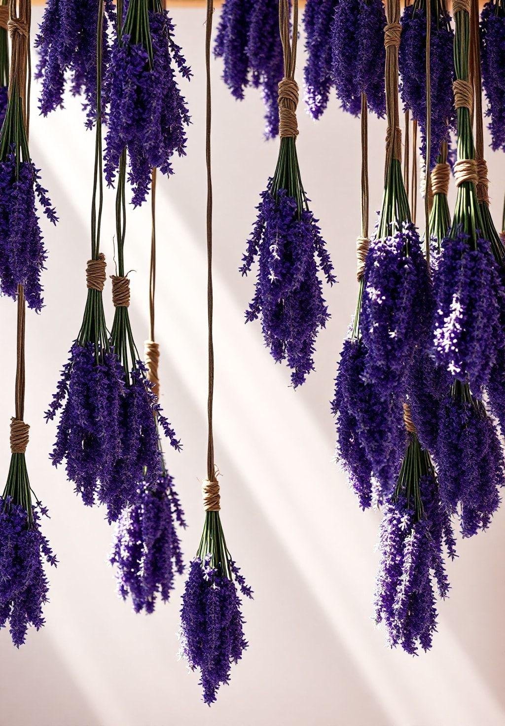 A vibrant, photorealistic image depicting a well-organized drying area with bunches of lavender hanging upside down, tied together with twine. The lavender is evenly spaced to allow for optimal air circulation.