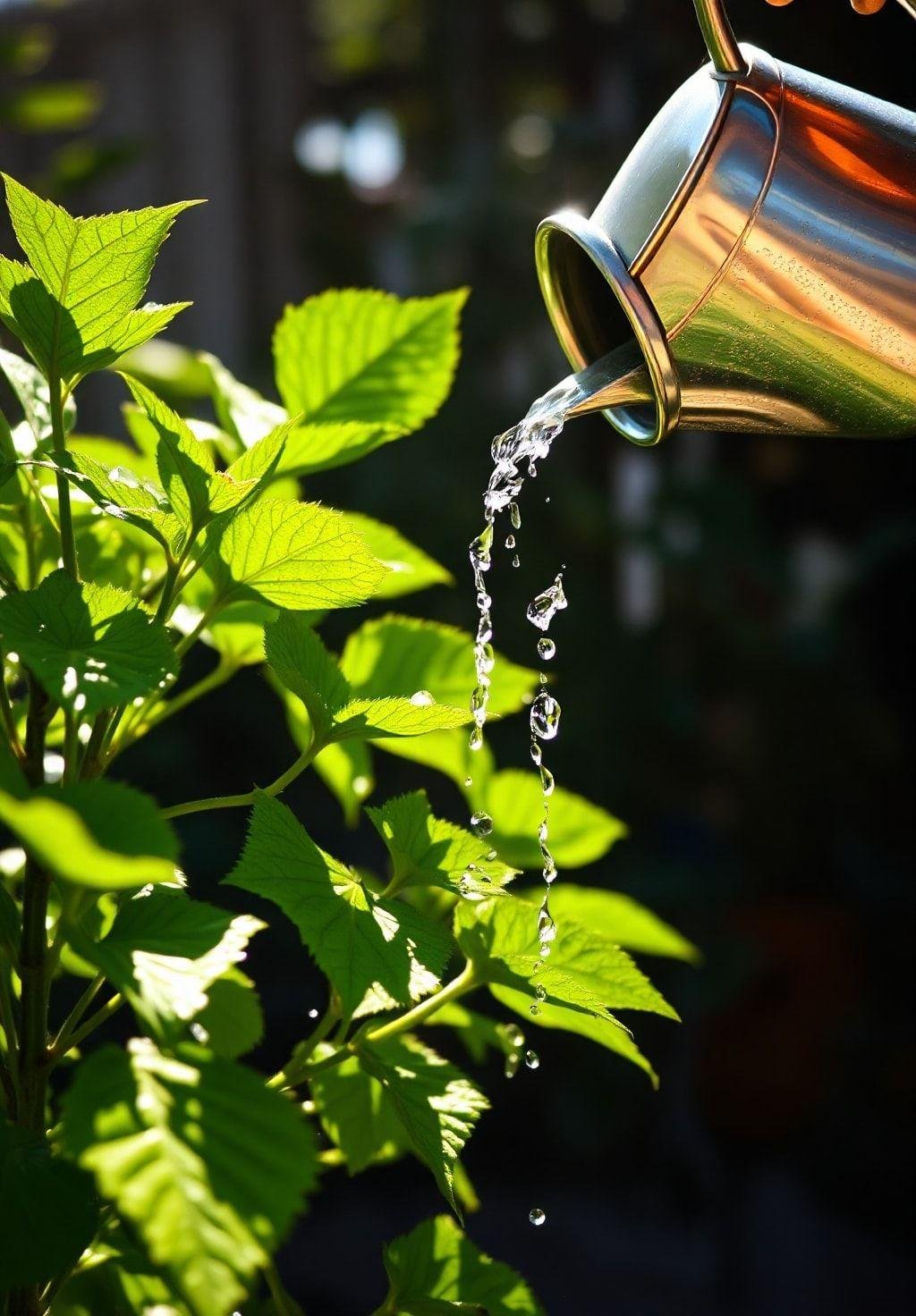 A bright, sun-drenched scene showing a hibiscus plant receiving water from a gentle, slow-trickle watering can. Water droplets cling to the leaves, showcasing their healthy, vibrant green color. The background is softly blurred, highlighting the hibiscus plant and the watering process.