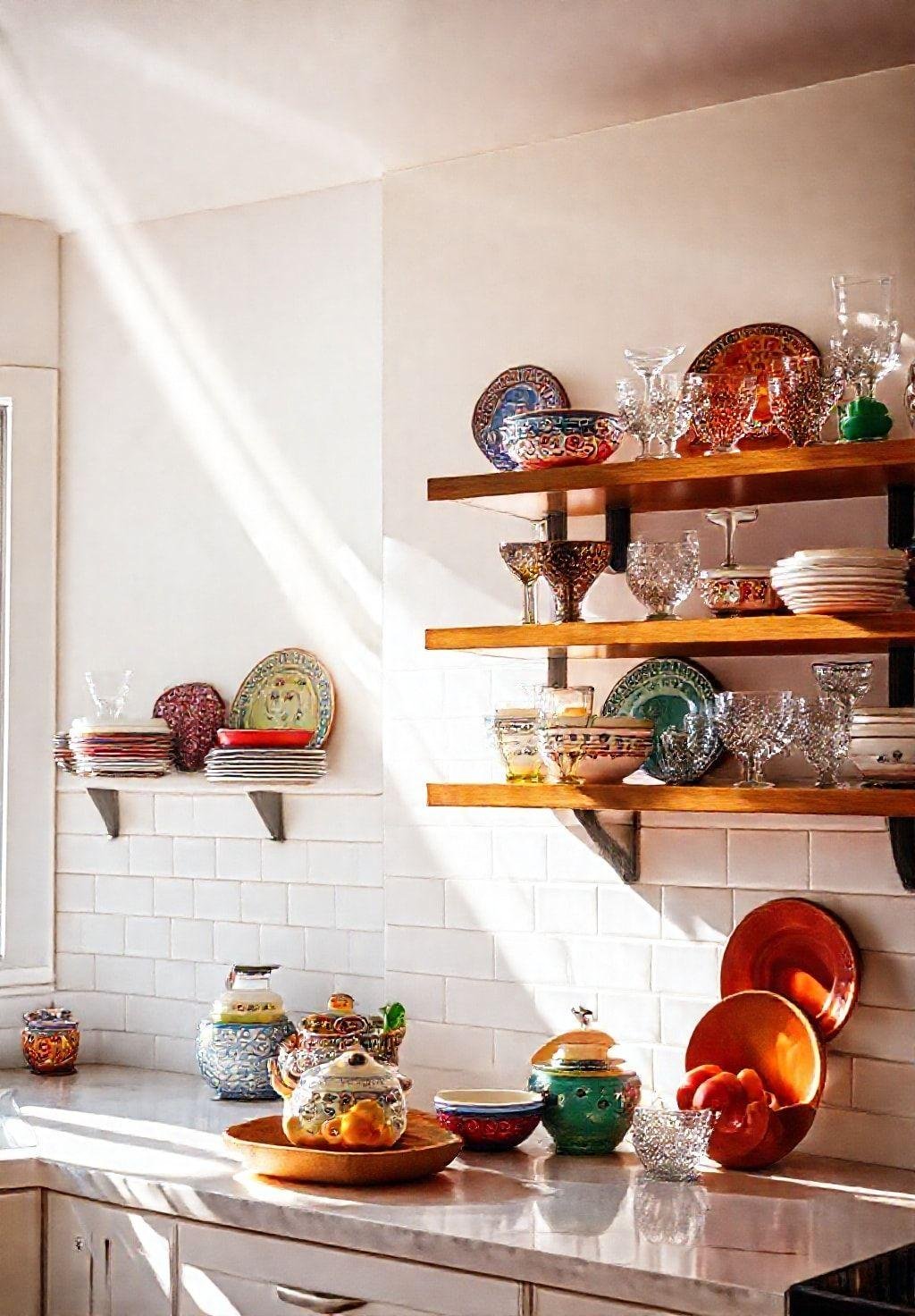 A bright and cheerful kitchen features open shelving displaying colorful ceramic dishes and glassware, creating a visually appealing and functional aesthetic. The shelves are mounted against a white subway tile backsplash, creating a clean and modern look. Natural light streams in from a nearby window, illuminating the shelves and highlighting the vibrant colors and textures of the dishware. The overall aesthetic is fresh, modern, and inviting.