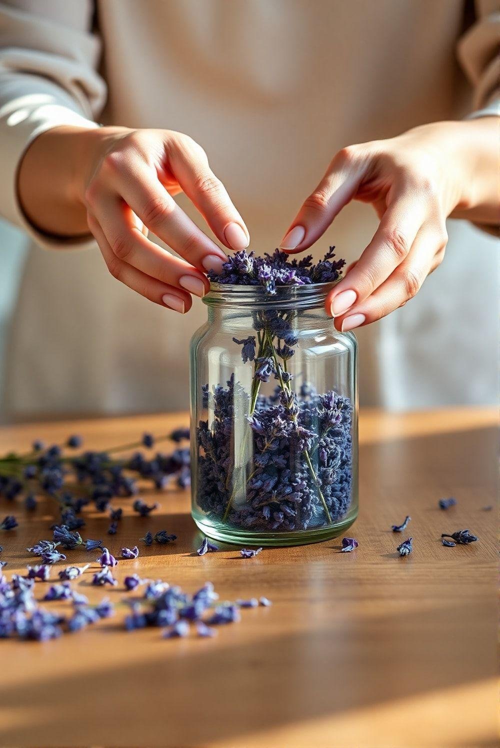 Photorealistic image of a person's hands carefully placing dried lavender flowers into an airtight container. The container is transparent, showing the vibrant purple color of the dried lavender.