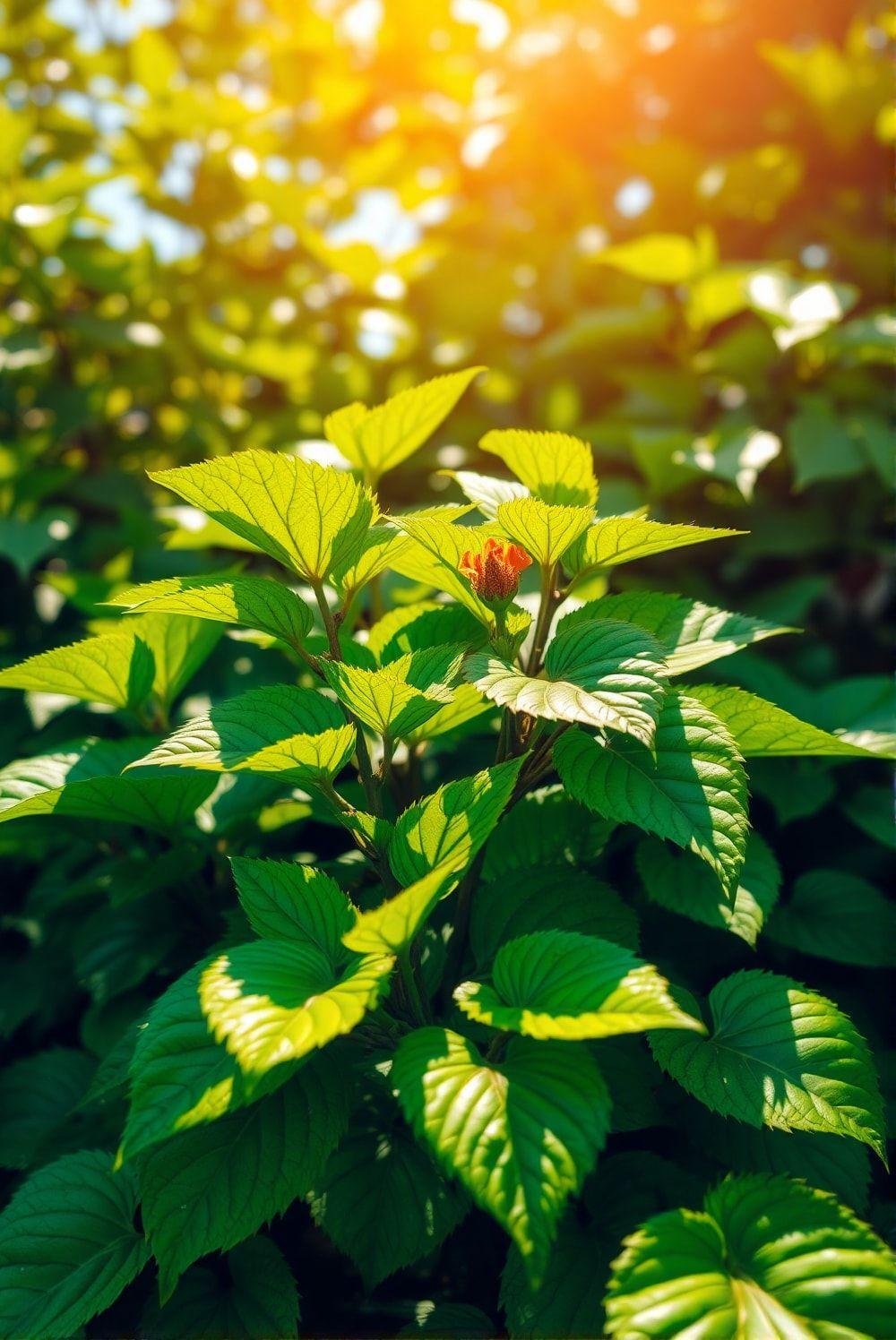 A brightly lit image showcasing a hibiscus plant with numerous healthy, vibrant green leaves.  The leaves are large, exhibiting a glossy sheen, indicating proper hydration and nutrition. The background is softly blurred, focusing attention on the lush foliage of the hibiscus plant.