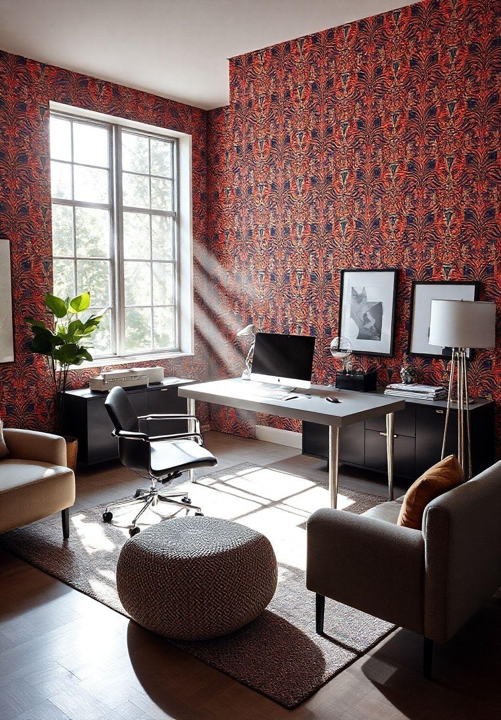 A home office features a vibrant patterned wallpaper as a focal point, adding personality and style to the workspace. The wallpaper is set against neutral-toned furniture and decor, creating a balanced and harmonious aesthetic. Natural light streams in from a large window, illuminating the room and highlighting the wallpaper's intricate details and rich colors. The overall scene is clean, modern, and inviting.