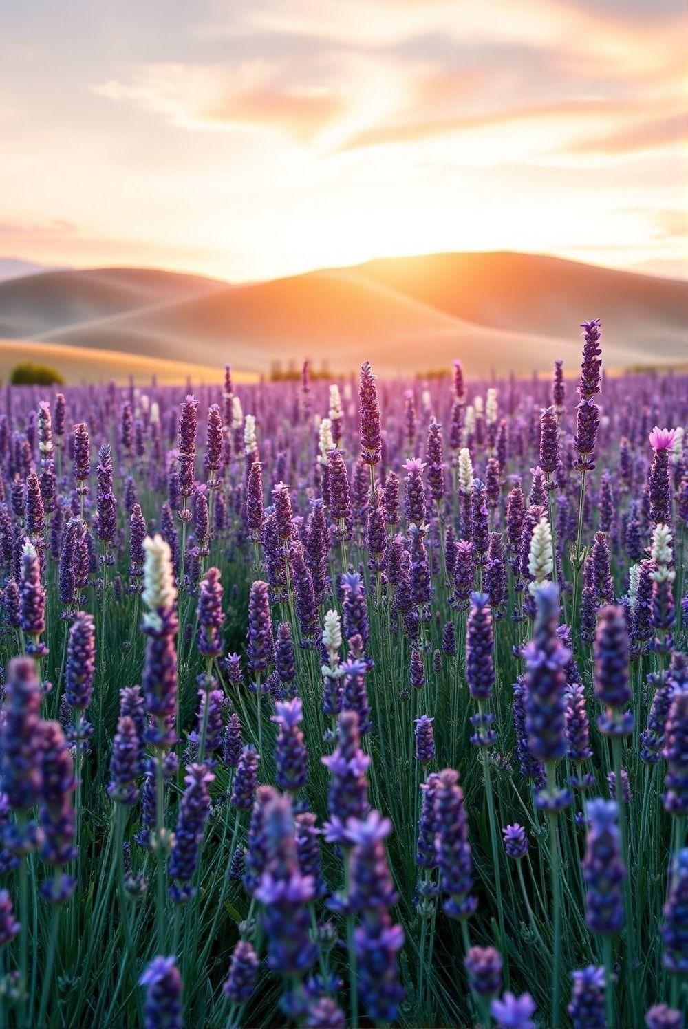 Photorealistic image showing several different varieties of lavender plants, each with slightly different flower colors and sizes, all in full bloom and ready for harvest.