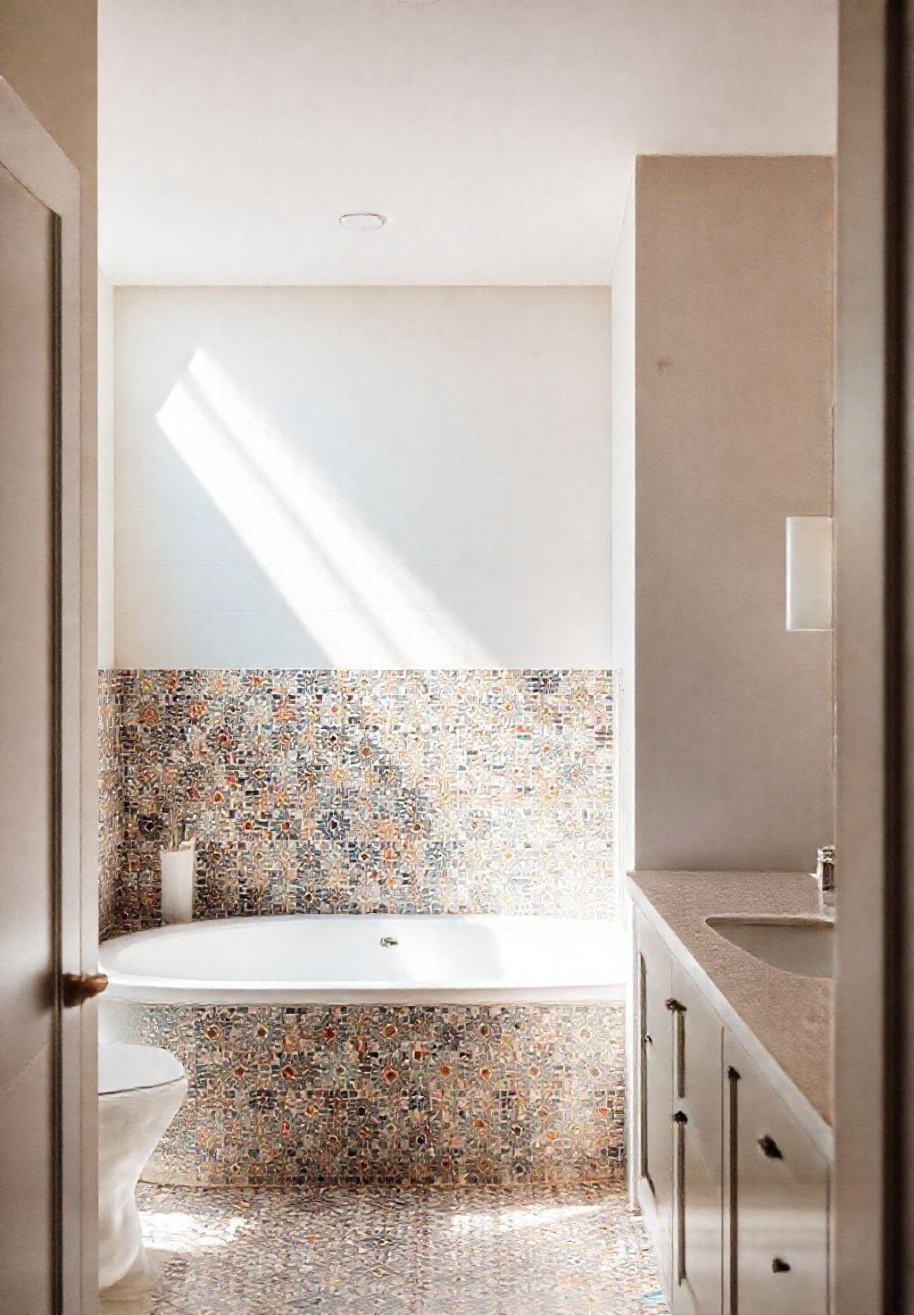 A bright and airy bathroom features a unique patterned tile backsplash, adding a touch of personality and visual interest to the space. The tiles are set against neutral-colored walls and cabinetry, creating a balanced and harmonious aesthetic.  Soft, natural light illuminates the room, highlighting the tiles' intricate details and rich colors. The overall aesthetic is clean, modern, and inviting.