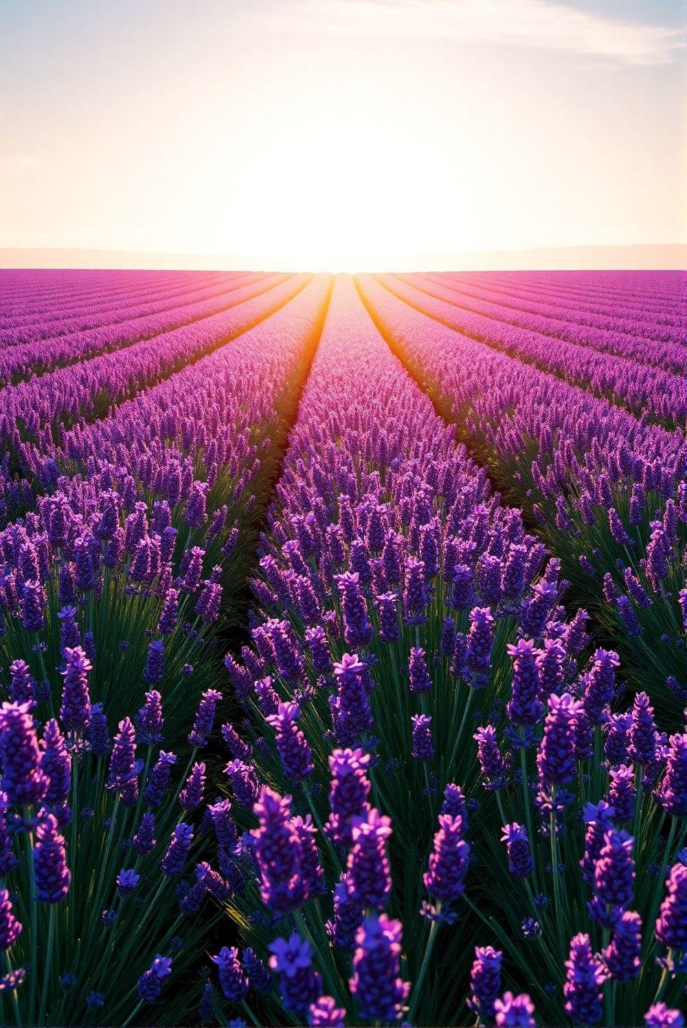 A photorealistic image of a lavender field, showcasing rows of neatly planted lavender bushes.  The plants are healthy, lush, and in full bloom. The image emphasizes the scale and abundance of the lavender harvest.
