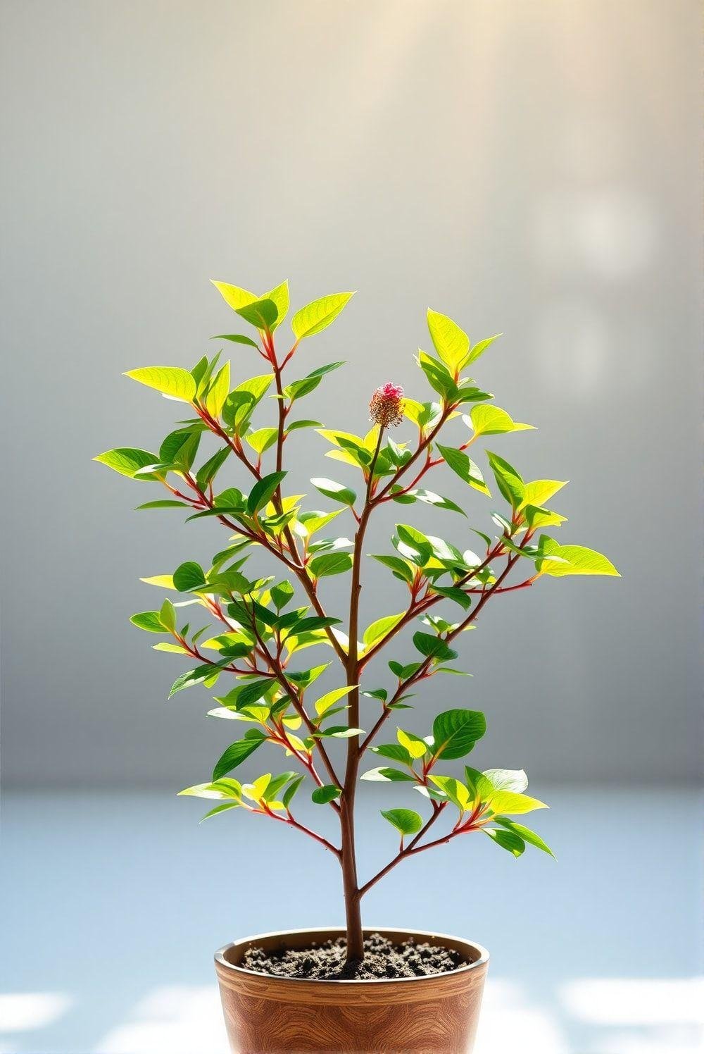 A vibrant, brightly lit image showcasing a hibiscus plant pruned neatly, with well-defined branches and healthy foliage. The overall shape of the plant is balanced and aesthetically pleasing. The background is softly blurred, highlighting the pruned hibiscus plant.