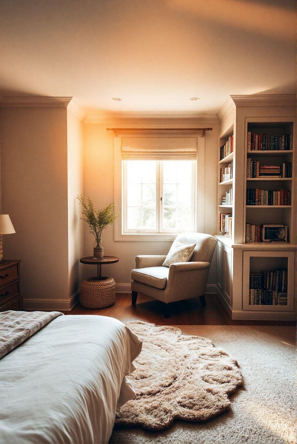 A bedroom features a cozy reading nook created by a comfortable armchair placed near a window, with a built-in bookshelf providing ample space for books. A soft, warm-toned rug adds comfort underfoot. Soft, natural light streams in from the window, creating a warm and inviting atmosphere. The overall aesthetic is cozy, inviting, and functional.