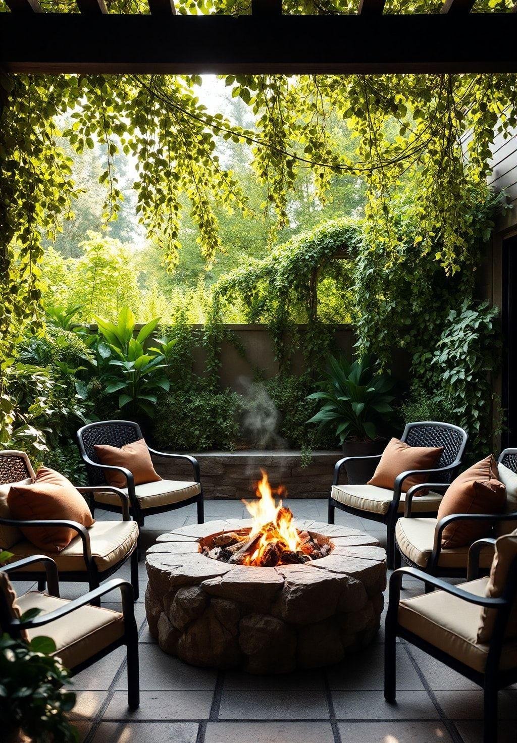 An outdoor patio with comfortable seating, lush greenery, and a fire pit. No text.