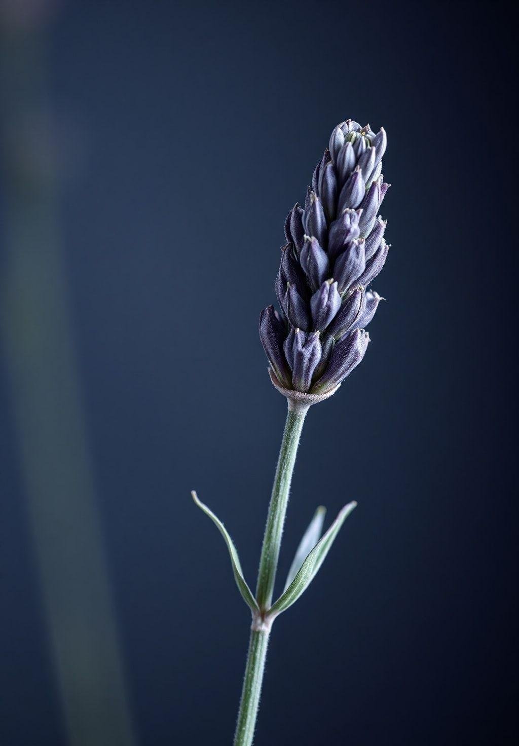 Close-up photorealistic image of a single lavender stem, showing the individual flower buds and the delicate texture of the leaves. The image highlights the detail and beauty of the lavender plant.