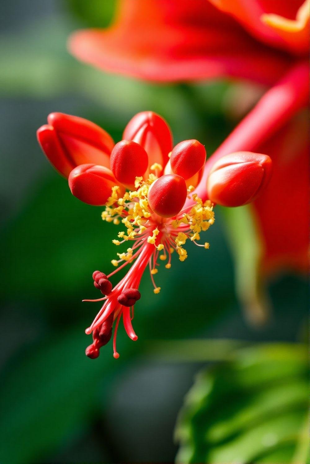 A brightly lit, close-up image showcasing a hibiscus plant with several healthy buds about to open. The buds are firm, plump, and vibrant in color, indicating healthy development.  The background is softly blurred, emphasizing the buds.