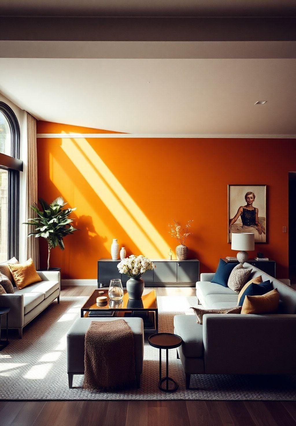 A living room showcases a feature wall painted in a bold accent color, creating a focal point and adding visual interest. The wall is complemented by neutral-toned furniture and decor, creating a balanced and harmonious aesthetic. Soft, natural light illuminates the room, highlighting the accent color and its impact on the overall space. The overall aesthetic is modern, sophisticated, and inviting.