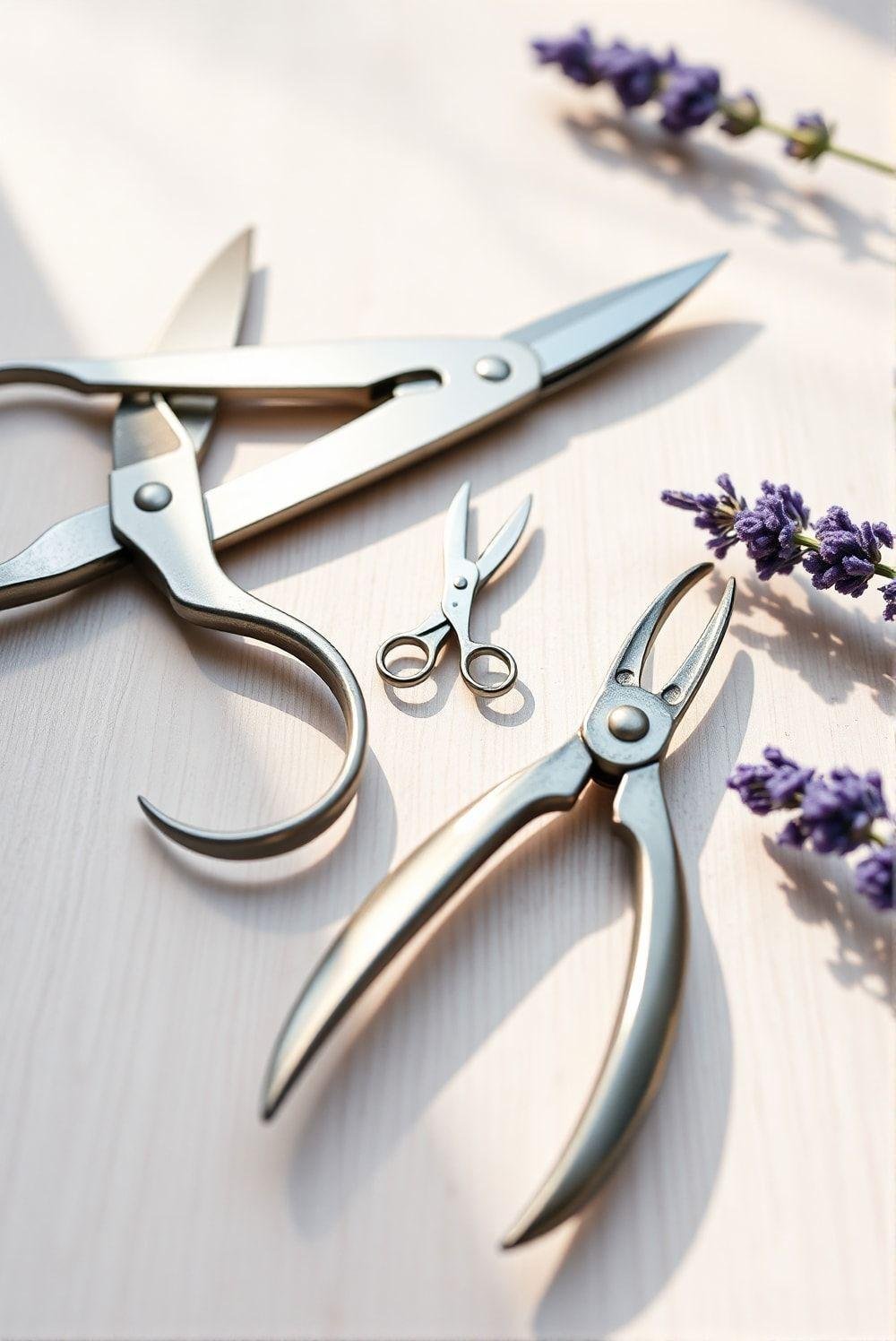 Photorealistic image showing a variety of tools used for lavender harvesting, including pruning shears, small scissors, and a harvesting sickle.  The tools are clean and well-maintained.