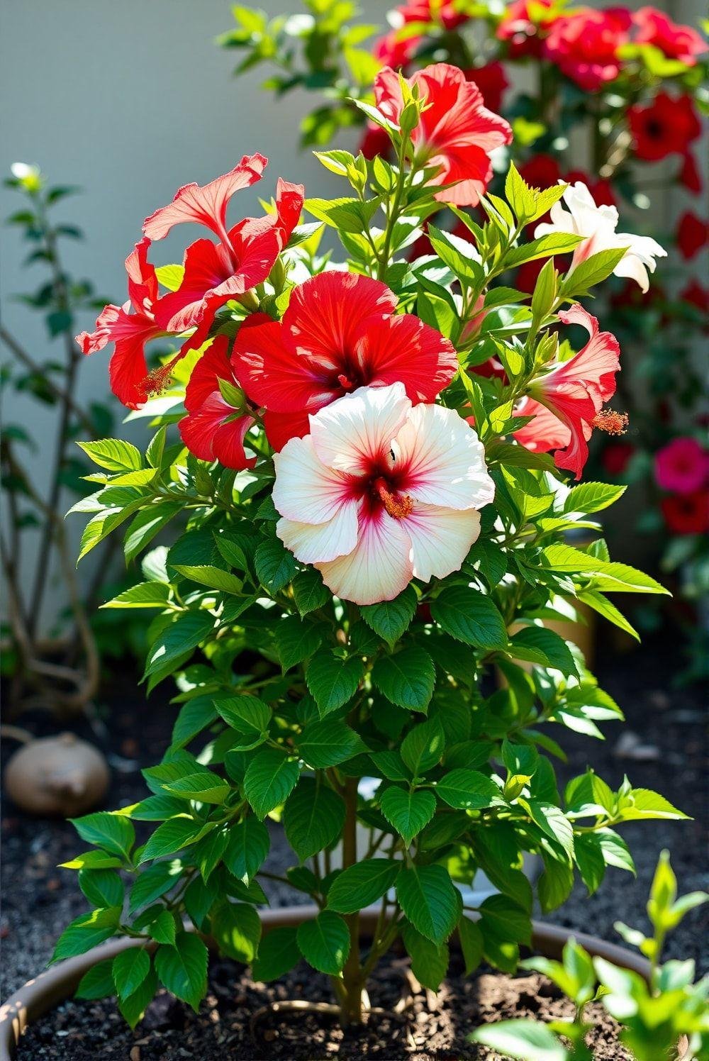 A photorealistic image in bright light depicting a healthy hibiscus plant thriving in a garden setting.  The plant exhibits numerous large, vibrant flowers in various colors (red, pink, white, etc.), lush green foliage, and a strong, well-defined structure.  The background includes other garden elements, but the focus remains on the thriving hibiscus plant.