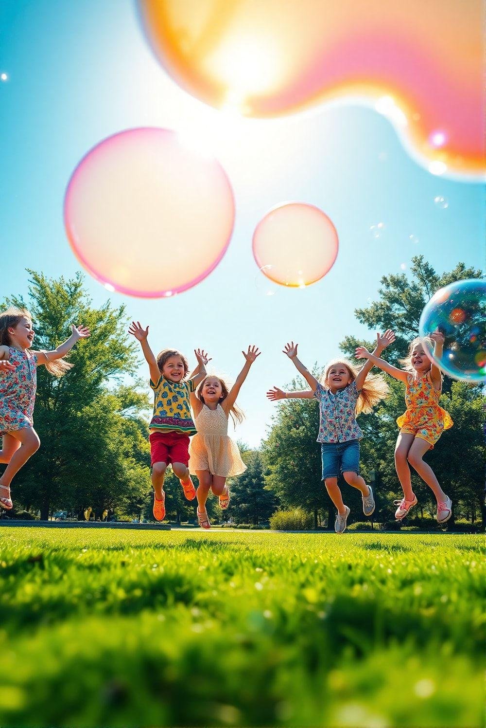 Photorealistic image of children playing with a set of colorful, oversized bubbles outdoors on a bright, sunny day. The bubbles float gently in the air, creating a magical and enchanting scene. The children are dressed in bright, playful clothing.