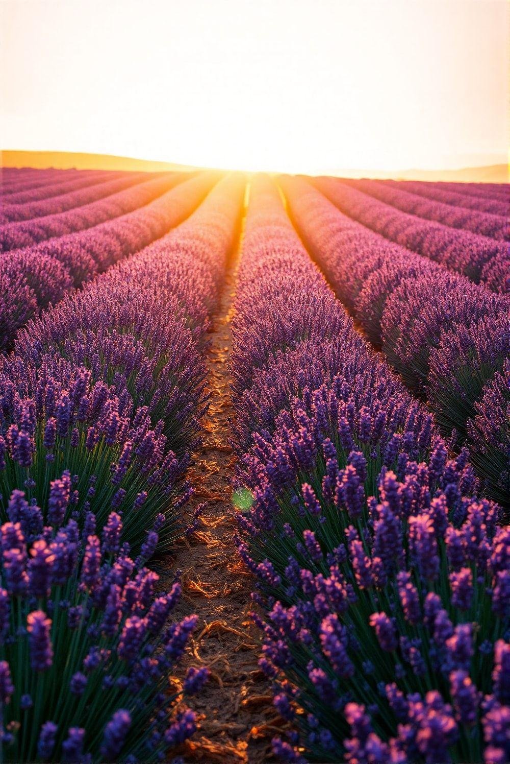 Photorealistic image of a section of a lavender field, showing a clear demarcation between harvested and unharvested sections. The image emphasizes the importance of planning and organization in large-scale harvesting.