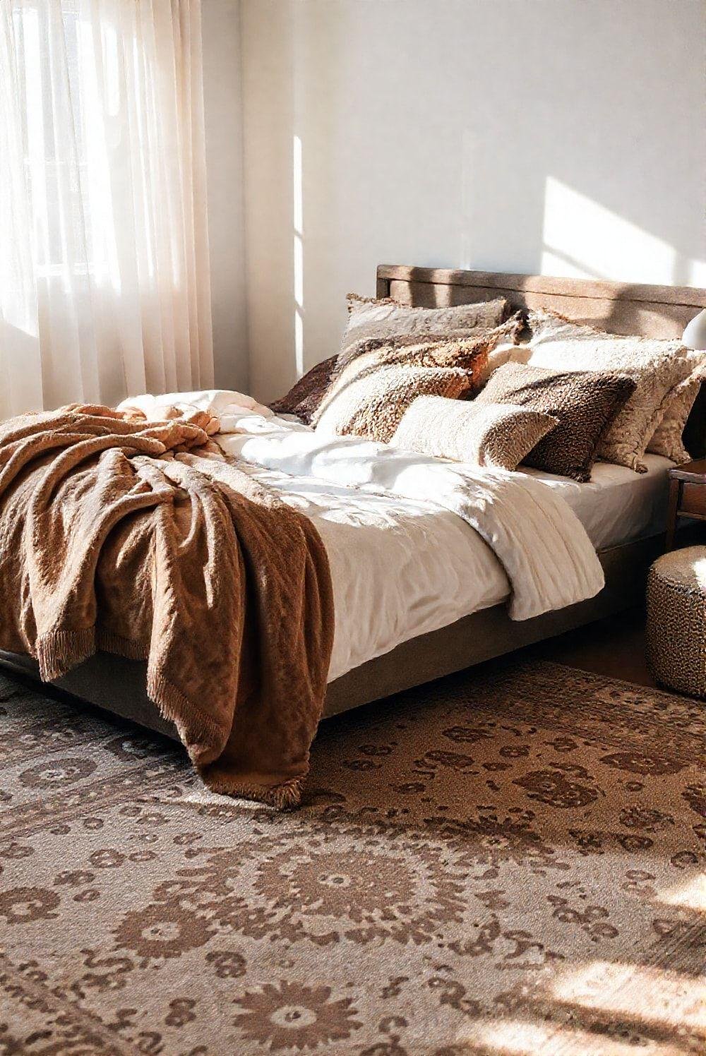 A bedroom features layered textiles, including a plush throw blanket, textured cushions, and a patterned rug, adding warmth, comfort, and visual interest. The textiles are in coordinating colors and textures, creating a cohesive and inviting aesthetic. Soft, natural light illuminates the room, highlighting the textures and colors of the textiles. The overall aesthetic is cozy, layered, and inviting.