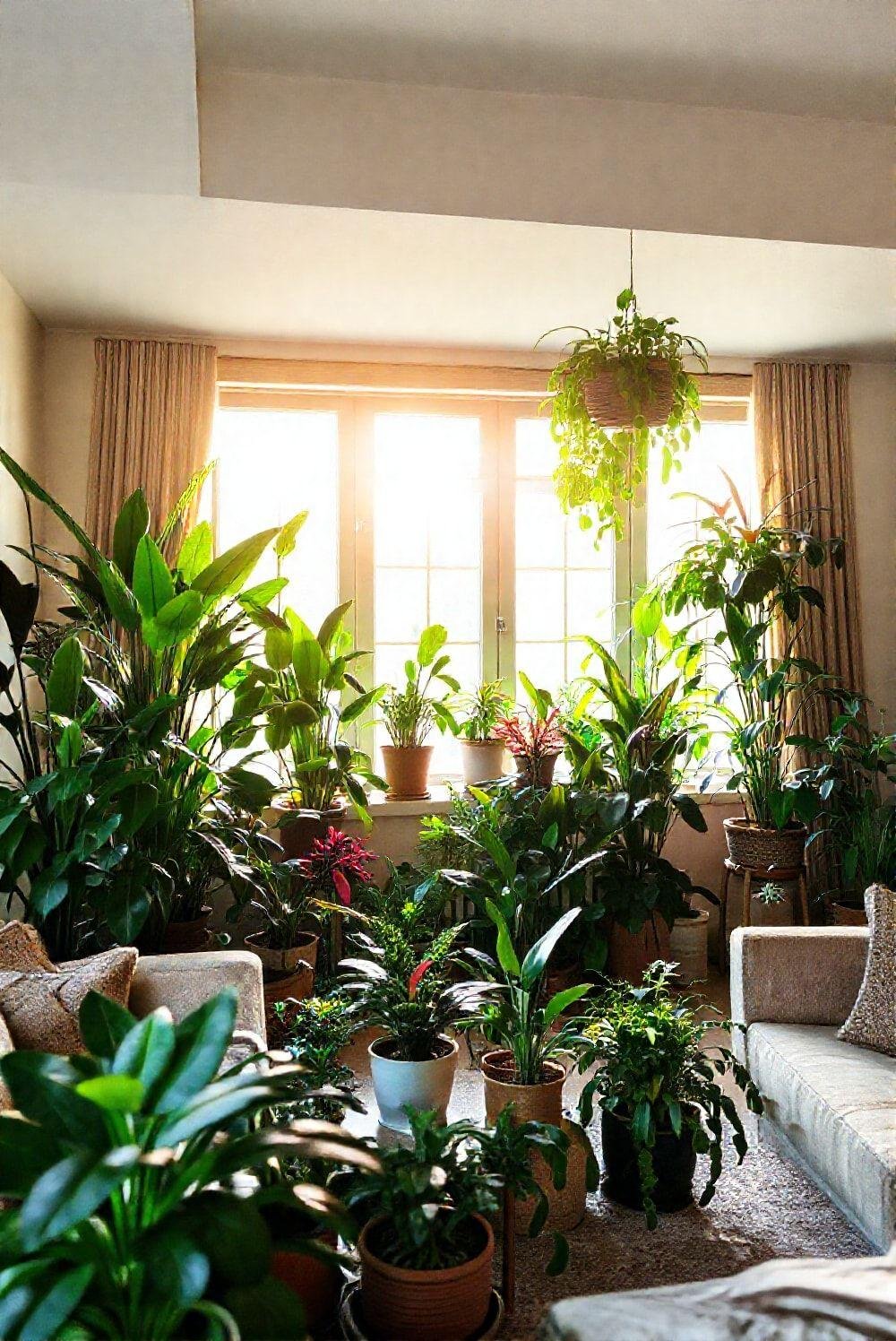 A living room features a collection of potted plants of varying heights and textures, adding life and vibrancy to the space. The plants are strategically placed to create visual interest and to complement the existing furniture and decor. Soft, natural light streams in from a large window, illuminating the plants and highlighting their lush green foliage. The overall aesthetic is fresh, natural, and inviting.