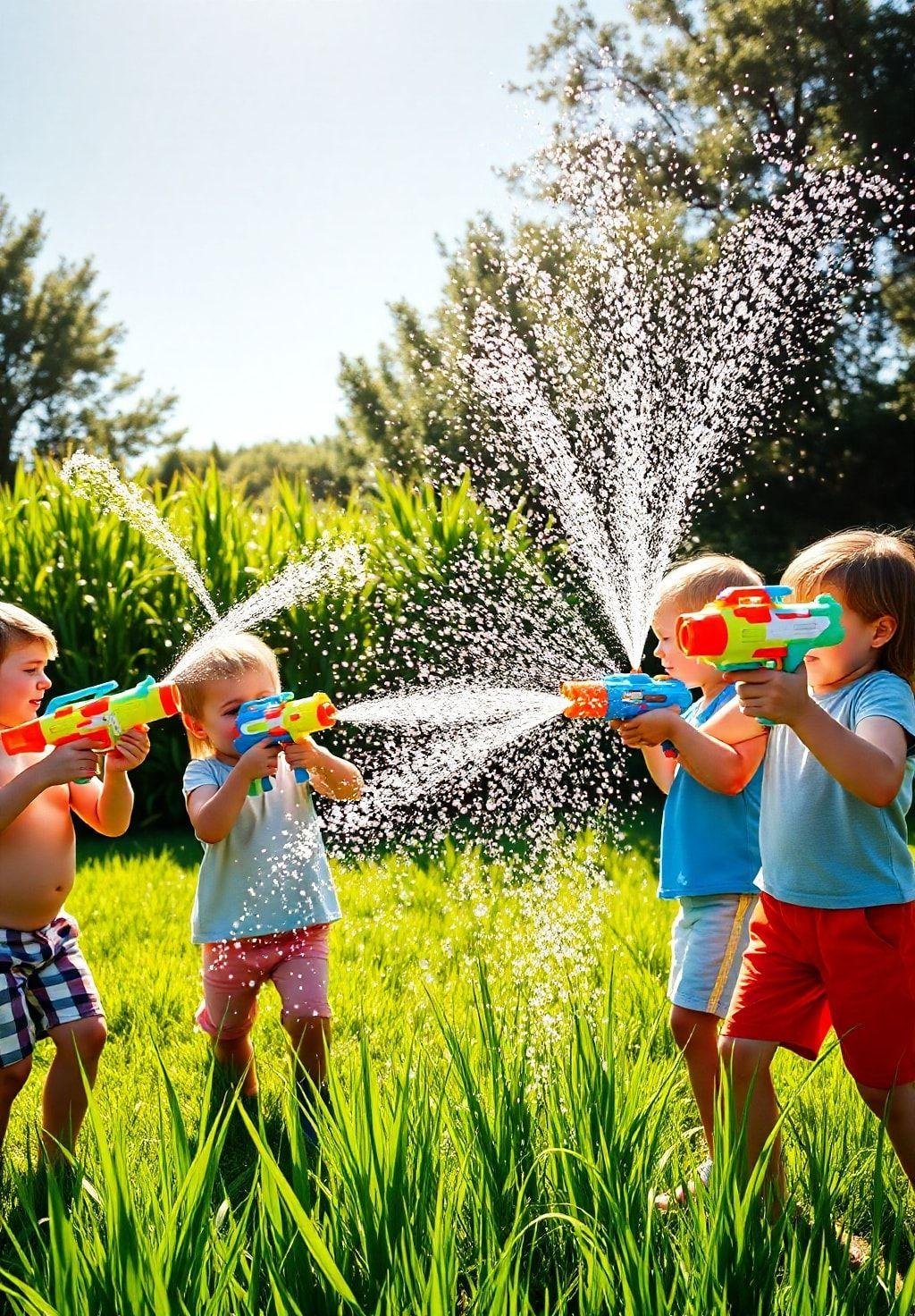 Photorealistic image depicting children happily playing with a colorful set of water guns on a hot summer's day.  They are playfully spraying each other with water, creating a fun and refreshing scene.  The setting is a bright sunny backyard with lush green grass.