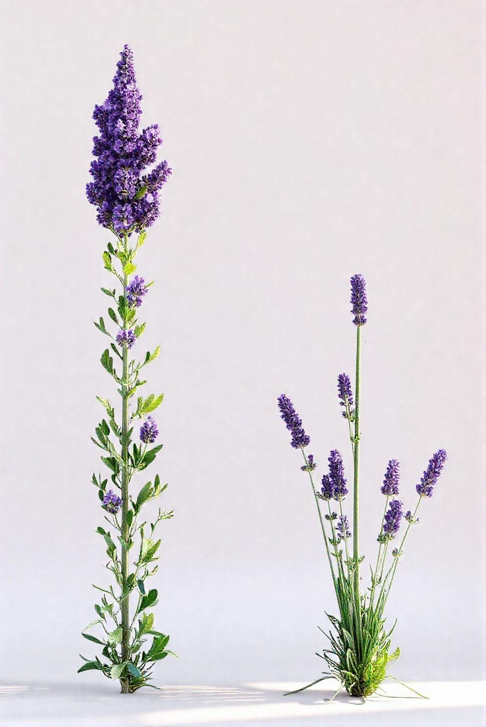 Photorealistic image of a lush lavender plant before harvesting, showing its full height and abundant blossoms. Next to it is the same plant after harvesting, showing the one-third reduction in height, promoting healthy regrowth.