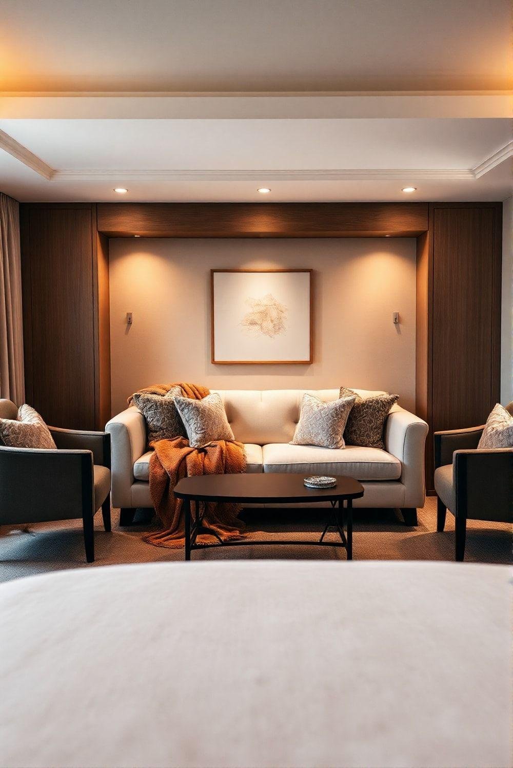 A bedroom features a comfortable and stylish seating area with a plush sofa and coordinating armchairs, creating a relaxing and inviting atmosphere. Soft, warm-toned textiles, including a throw blanket and decorative cushions, add comfort and texture. The overall aesthetic is cozy, inviting, and functional.