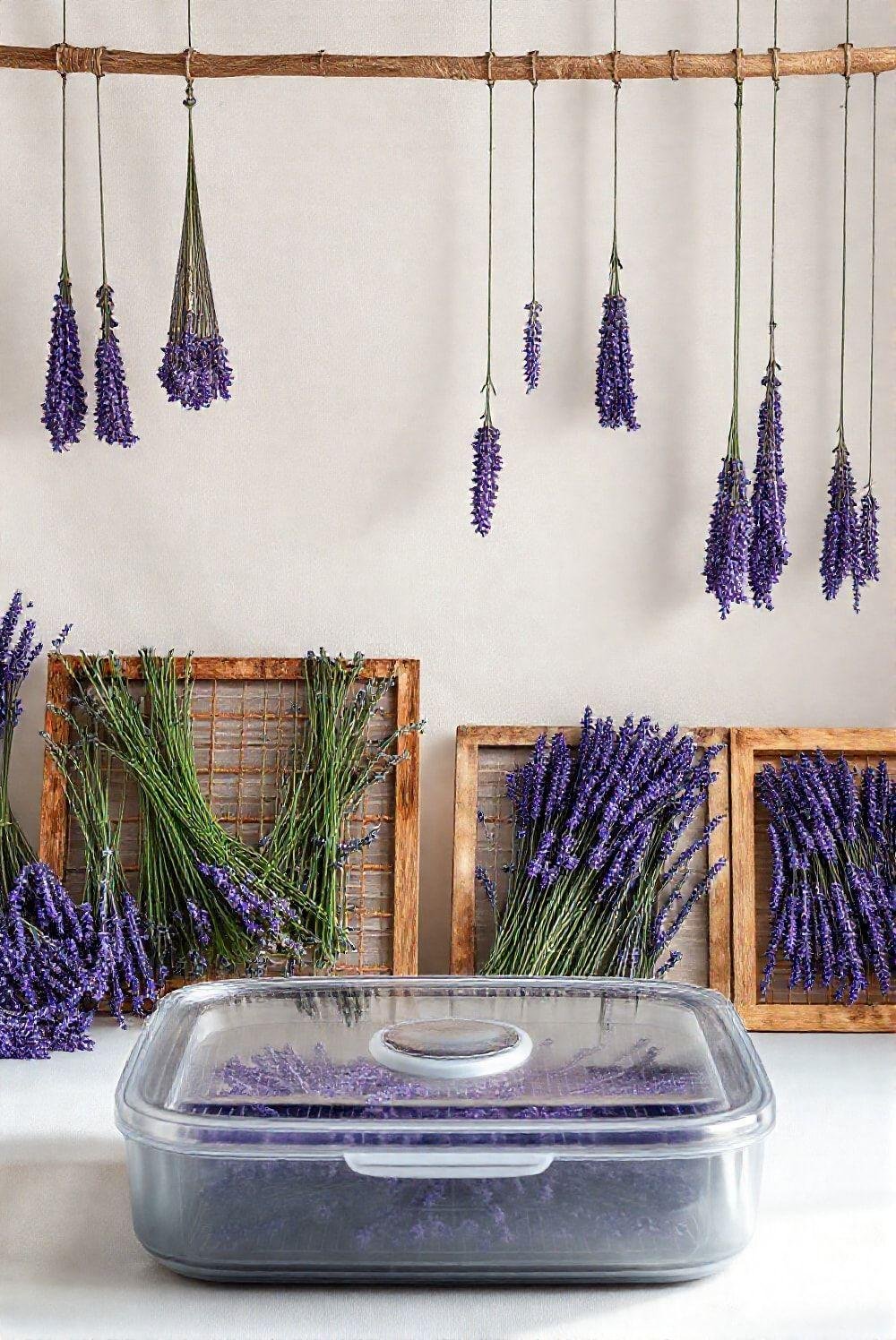 Photorealistic image showcasing a variety of methods for drying lavender: hanging bundles, laying stems on screens, and using a dehydrator.
