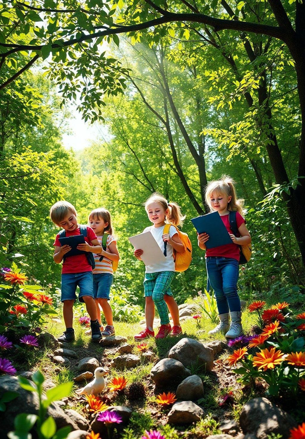 Photorealistic image of children engaged in a nature scavenger hunt in a vibrant forest or park. They are carrying clipboards and pencils, searching for specific items on their list (leaves, rocks, flowers, etc.). The scene is bright and sunny.