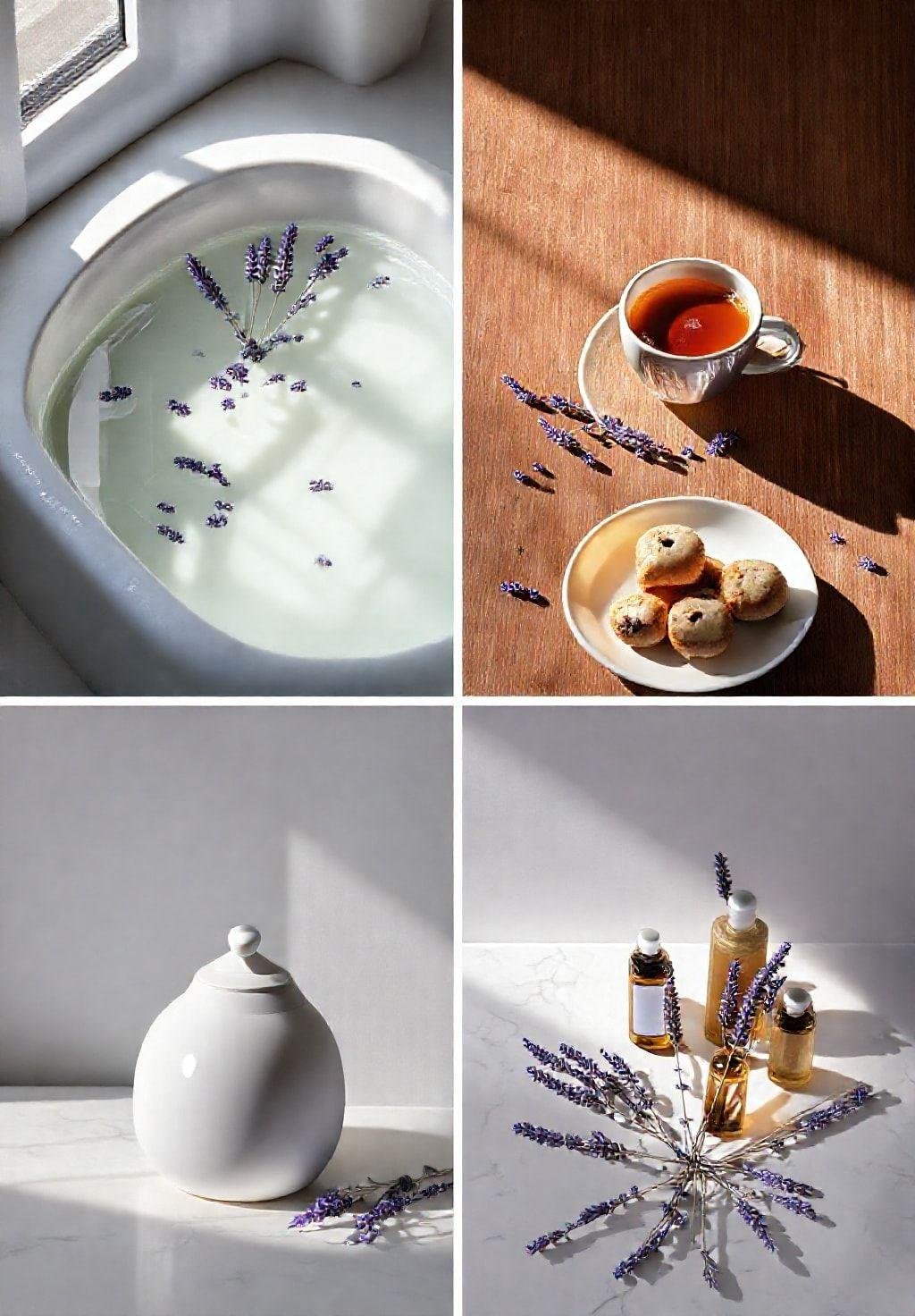 Photorealistic image depicting various ways to use lavender: in a bath, added to a pot of tea, incorporated into baked goods, or used in aromatherapy.
