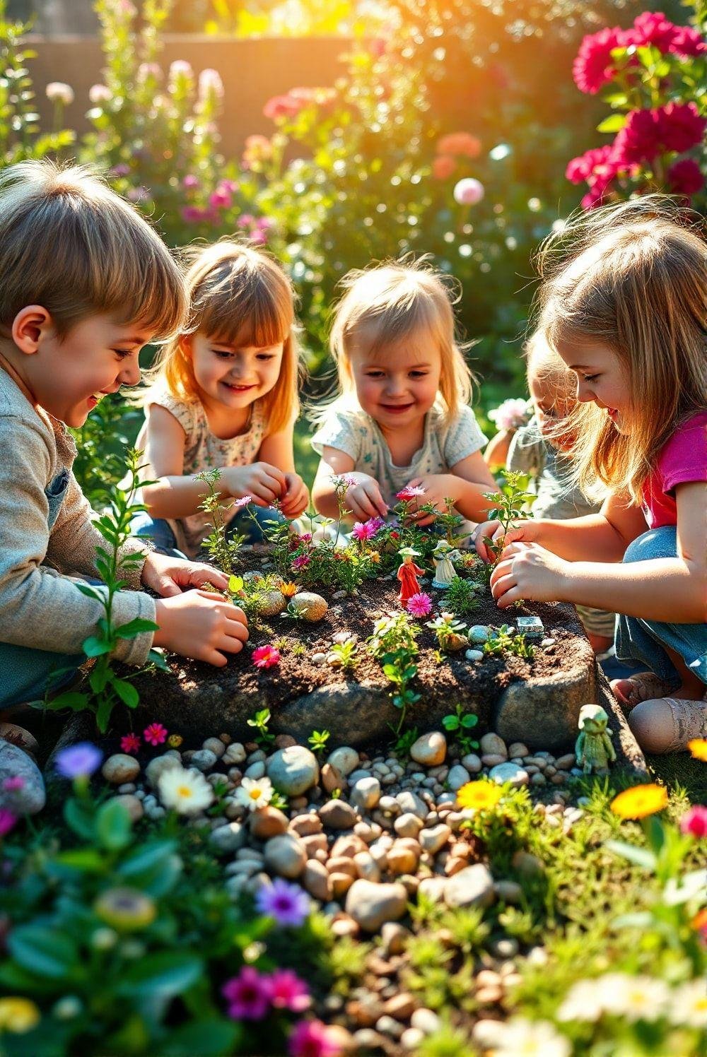 Photorealistic image of children happily building a fairy garden in a designated area of the garden. They are using small plants, flowers, pebbles, and miniature figurines to create a whimsical and enchanting scene. The scene is bright and sunny.