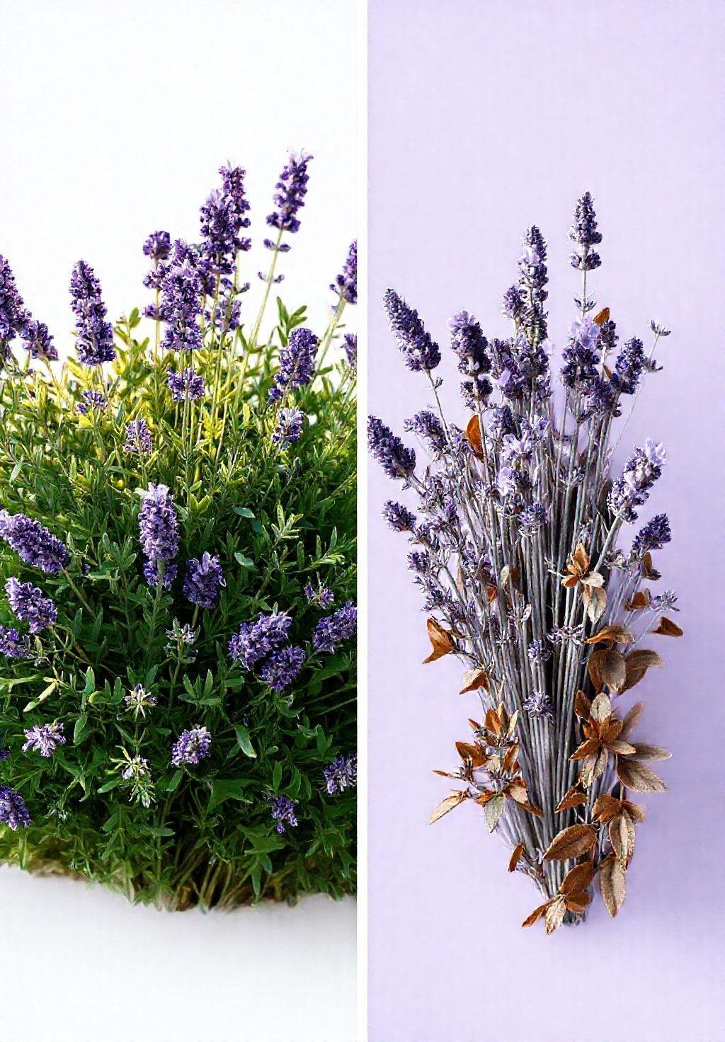 Photorealistic image comparing healthy lavender plants that have been properly harvested with unhealthy plants showing signs of over-harvesting, such as stunted growth and fewer blossoms.