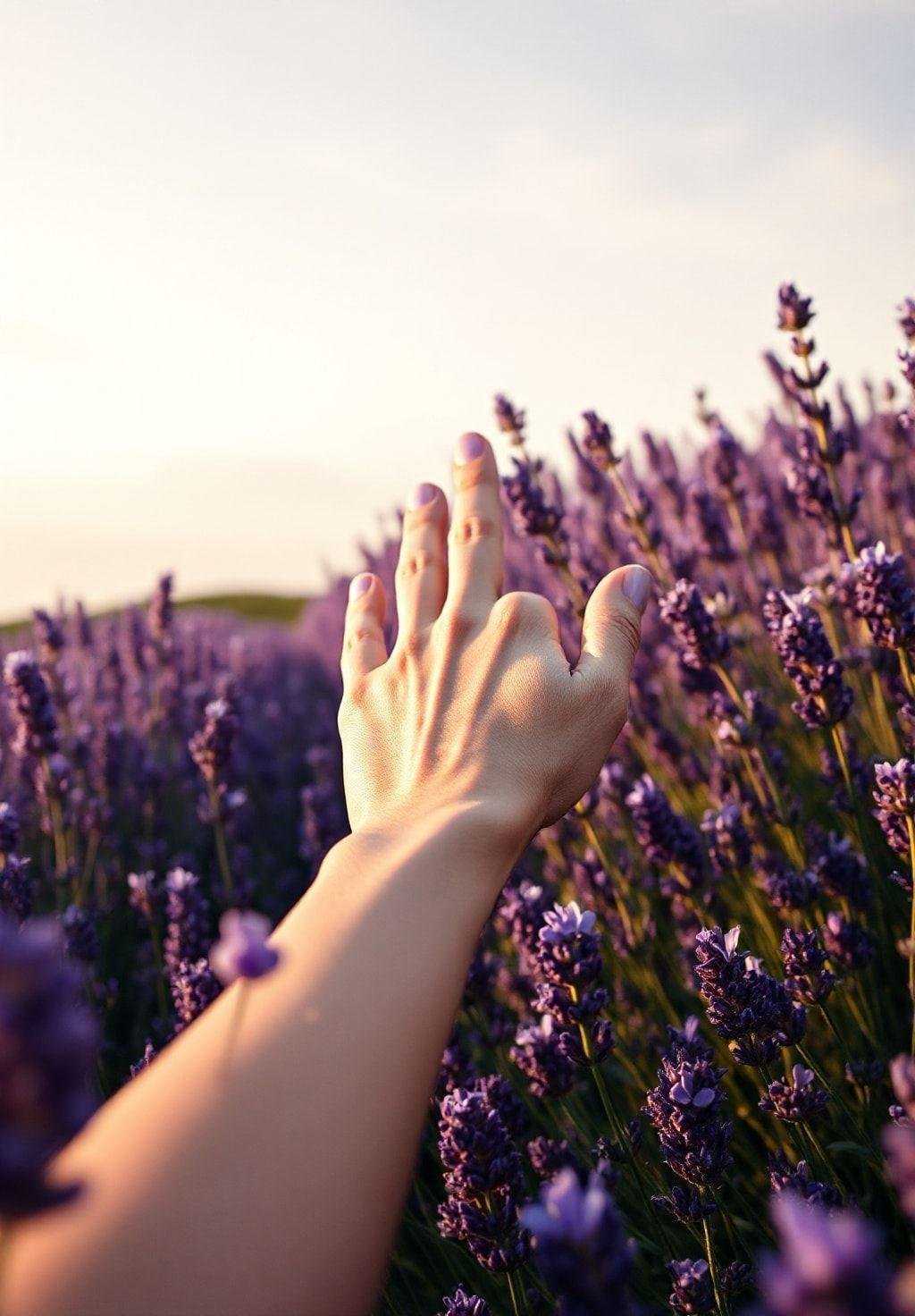 Photorealistic image of a person's hand gently running through a field of lavender, highlighting the texture and softness of the plant's leaves and flowers.