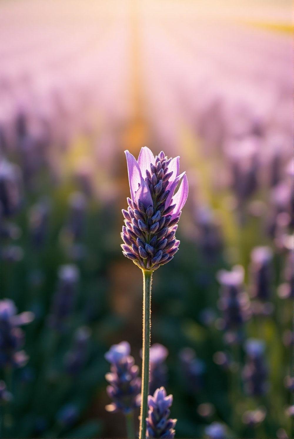 Photorealistic image showing a close-up of a single lavender flower, highlighting its intricate structure and vibrant color, contrasted with a background of a neatly harvested lavender field.